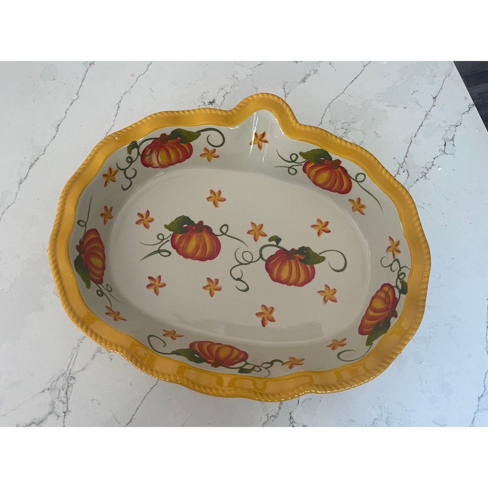 Temp-tations Old World Pumpkin Pie Plate with Rack 1.75 Qt Ceramic Baker NIB